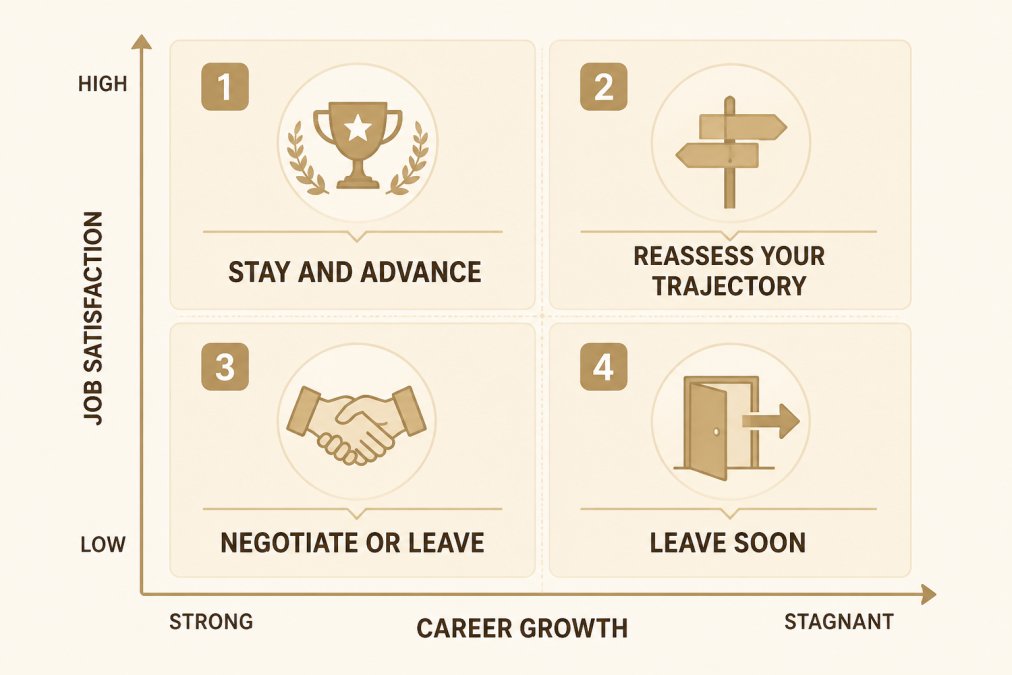7 Signs It's Time to Leave Your Job in 2026 1 2x2 decision matrix with axes: Job Satisfaction (High/Low) vs Career Growth (Strong/Stagnant). Quadrant 1 (High satisfaction + Strong growth) = Stay and Advance; Quadrant 2 (High satisfaction + Stagnant growth) = Reassess Your Trajectory; Quadrant 3 (Low satisfaction + Strong growth) = Negotiate or Leave; Quadrant 4 (Low satisfaction + Stagnant growth) = Leave Soon