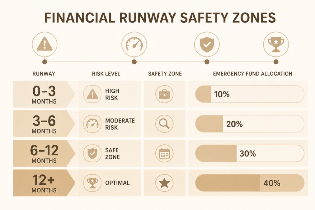 7 Signs It's Time to Leave Your Job in 2026 2 Timeline chart showing financial runway safety zones: 0-3 months (high risk - only leave if you have another job), 3-6 months (moderate risk - gives you time to find a role), 6-12 months (safe zone - comfortable job search window), 12+ months (optimal - maximum flexibility). Include percentage bars showing typical emergency fund allocation at each stage.