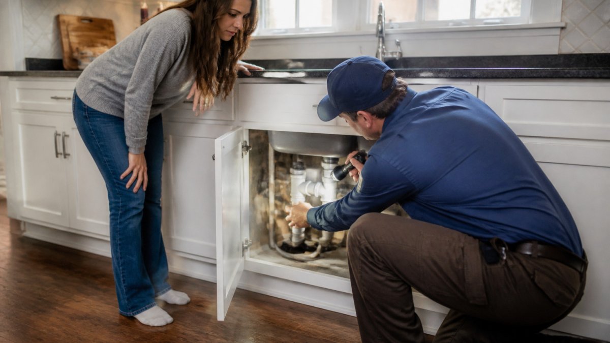 Licensed plumber inspecting a leaking kitchen sink pipe for homeowners who outsource residential repairs