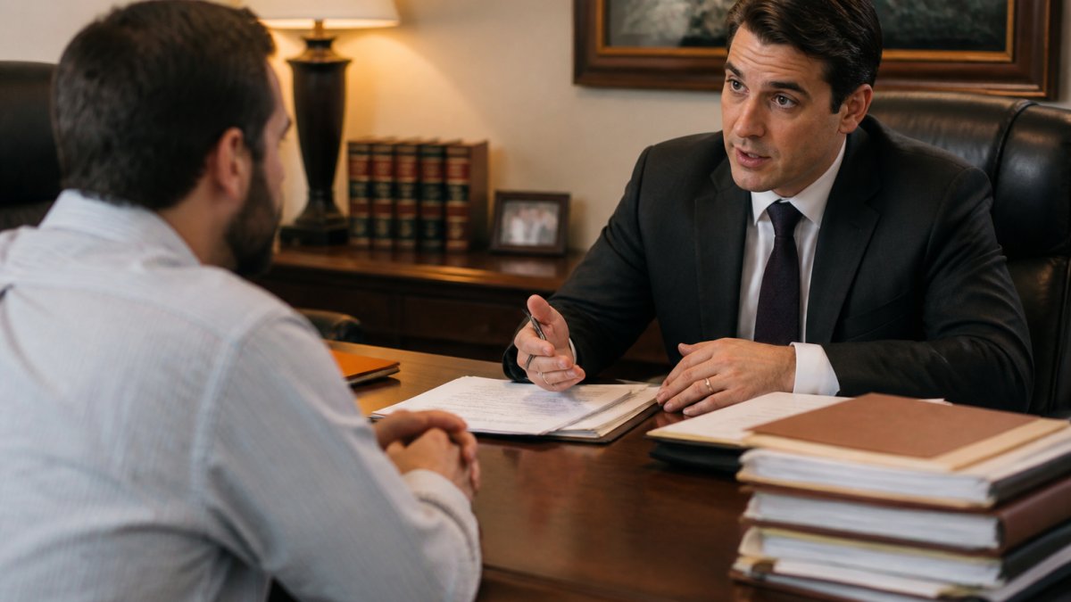 A dedicated criminal lawyer discusses legal case documents with a client at a desk in a law office.