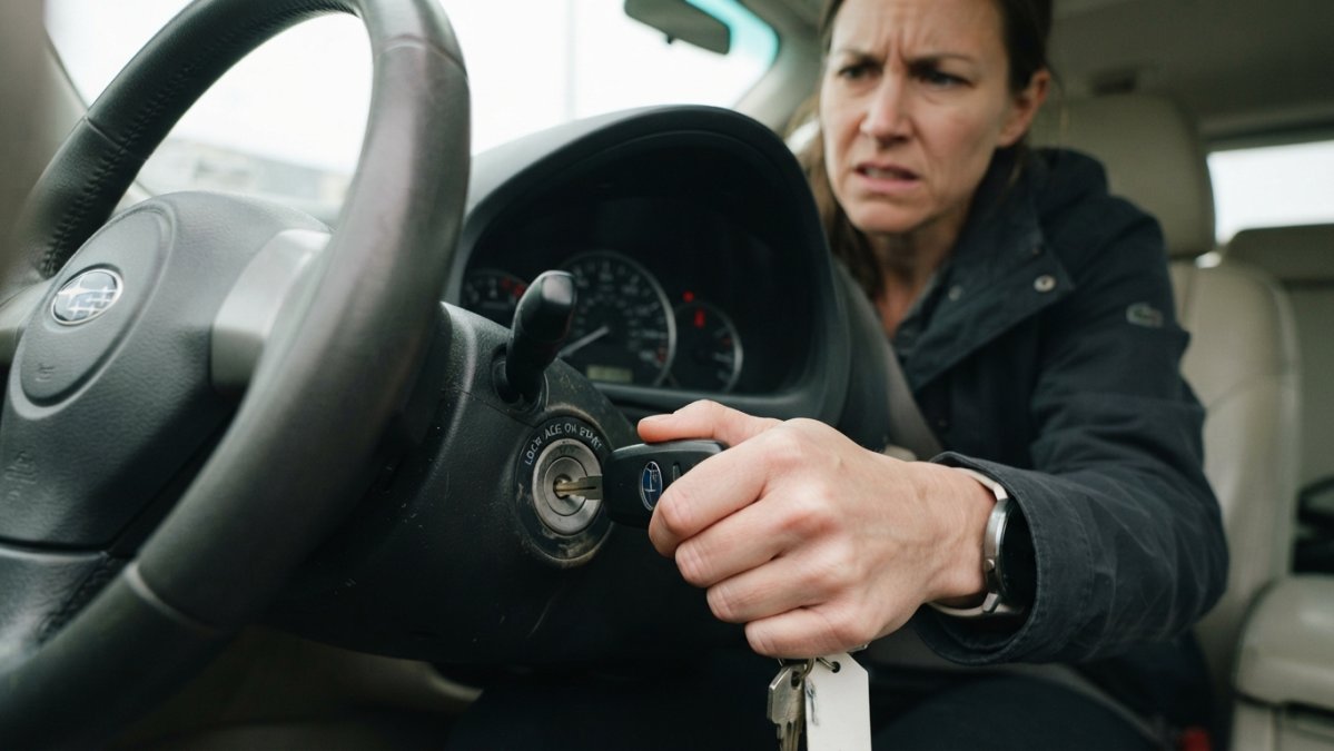 Close-up of a driver's hand holding a car key near the ignition cylinder, concerned expression, vehicle interior in daylight