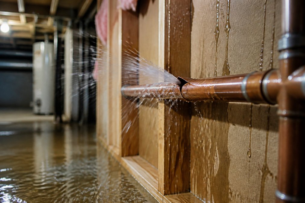 Infographic showing plumbing emergency signs like burst pipes spraying water and causing basement floor damage.