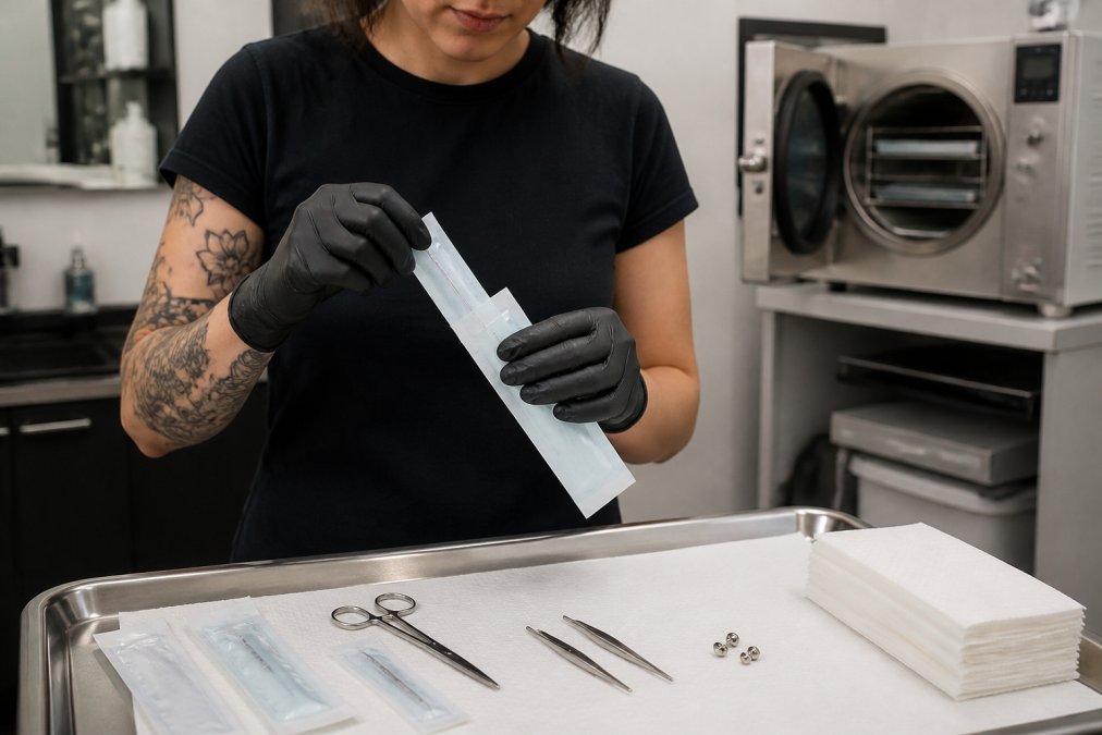 A professional piercer wearing fresh gloves opening a sealed single-use needle package in a clean, well-lit piercing studio with an autoclave visible in the background