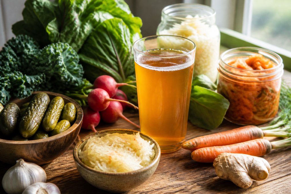 Close-up of fresh vegetables, fermented foods, and a glass of probiotic kombucha on a wooden table in natural morning light