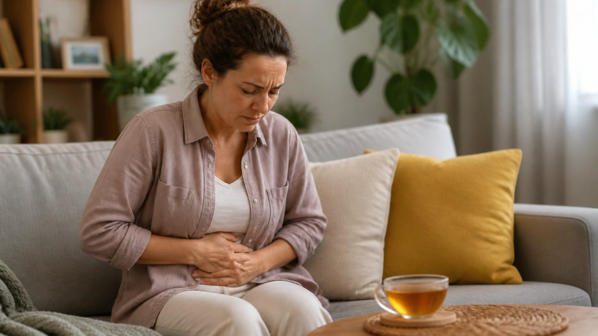 A woman in her 40s sitting on a couch, gently holding her stomach with a look of discomfort, a cup of herbal tea on the table beside her in a cozy living room setting