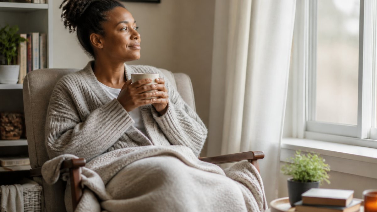 Mom sitting in a cozy corner with warm cup of tea, taking a peaceful moment alone to rest and recharge, natural soft lighting from window
