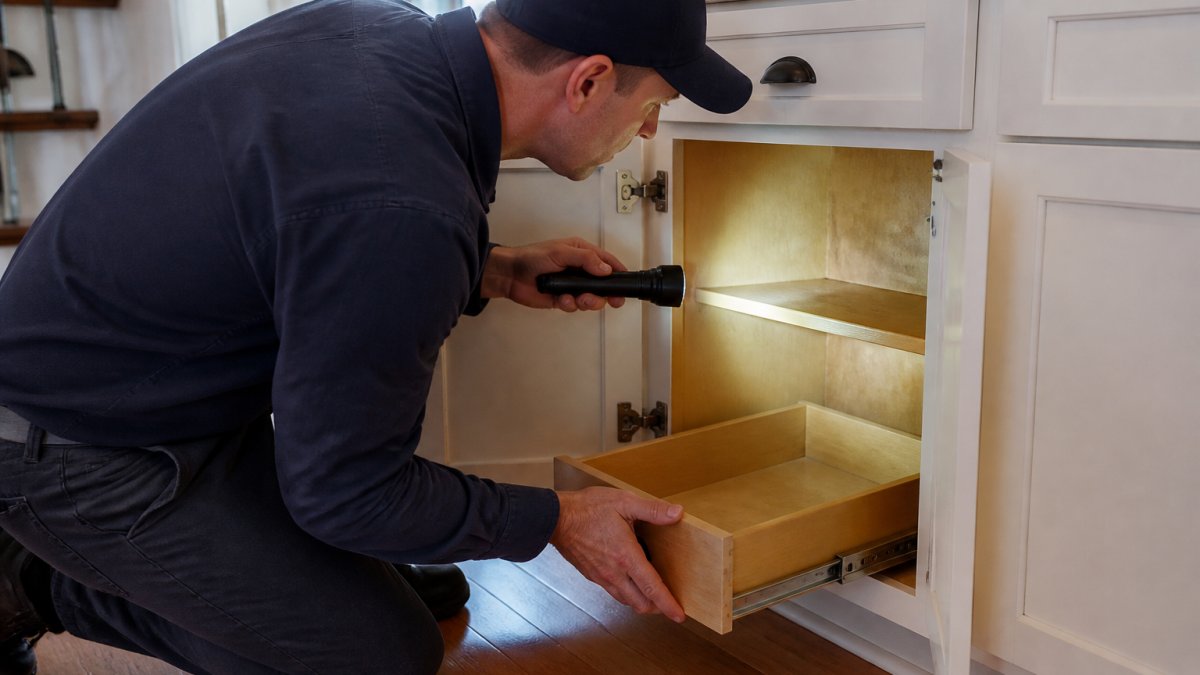 A homeowner with a flashlight kneeling to inspect the inside of a lower kitchen cabinet, pulling out a drawer to check the back panel and shelf edges