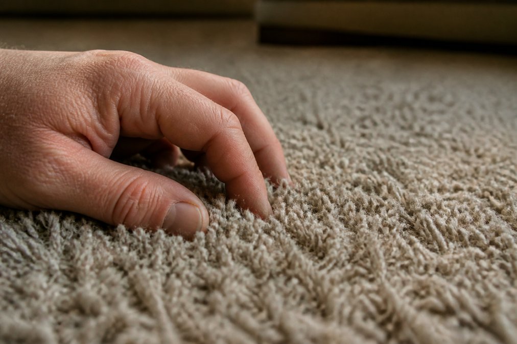 A close-up of a hand rubbing a section of dry, stiff carpet pile, fingers pressed into the fibres to demonstrate the crunchy, brittle texture under warm ambient light