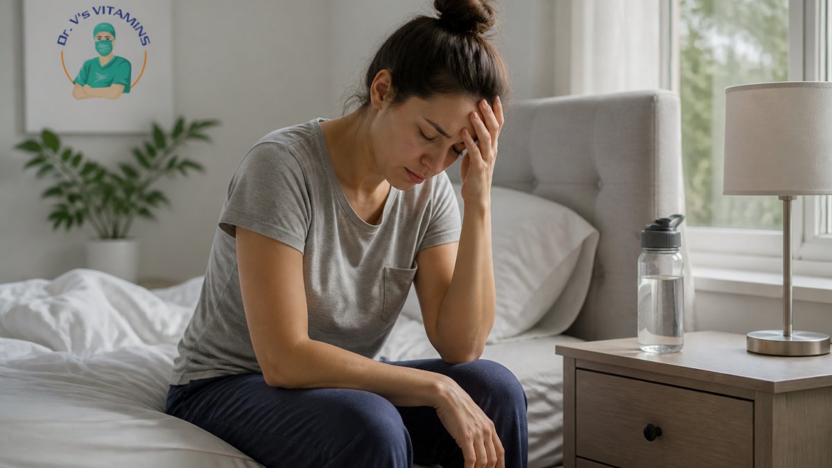 Person sitting on the edge of a bed holding their head while feeling dizzy and fatigued with a water bottle nearby.