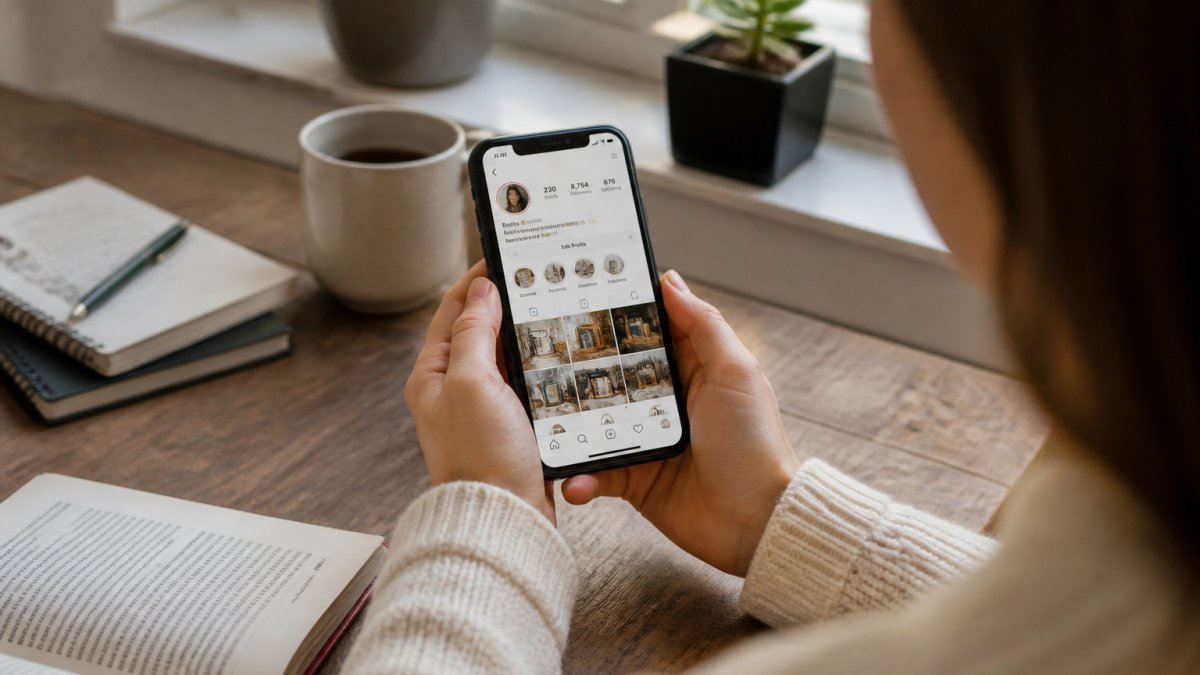 Infographic showing 7 checks to spot fake bookstagram followers on a smartphone screen at a desk.