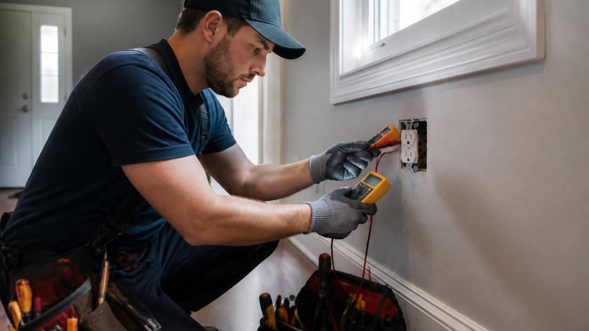 Licensed electrician using a multimeter to inspect faulty wiring in walls behind a residential outlet