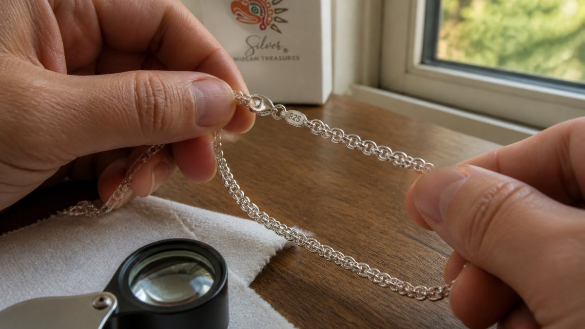 Step-by-step guide showing how to inspect a silver chain for the 925 hallmark using a jeweler’s loupe.