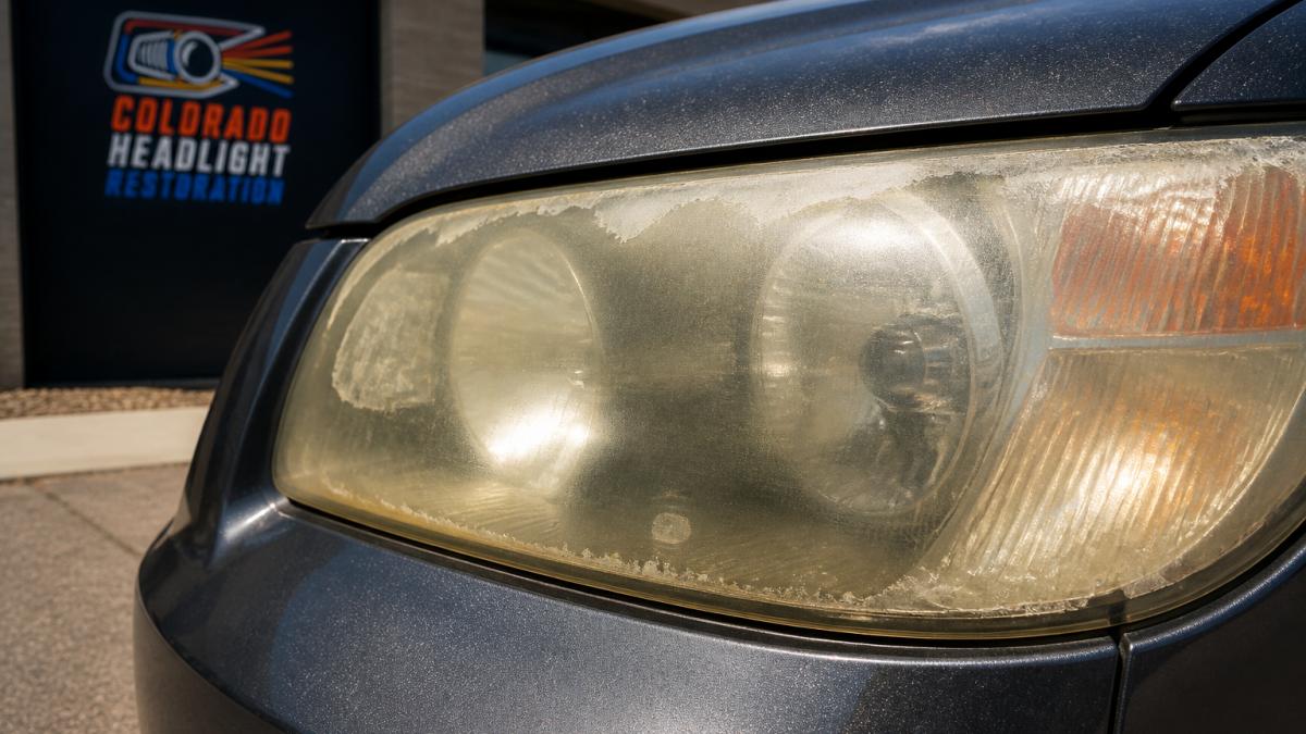 Infographic showing yellowed, hazy lens damage caused by failing headlight UV coating on a sunlit car.