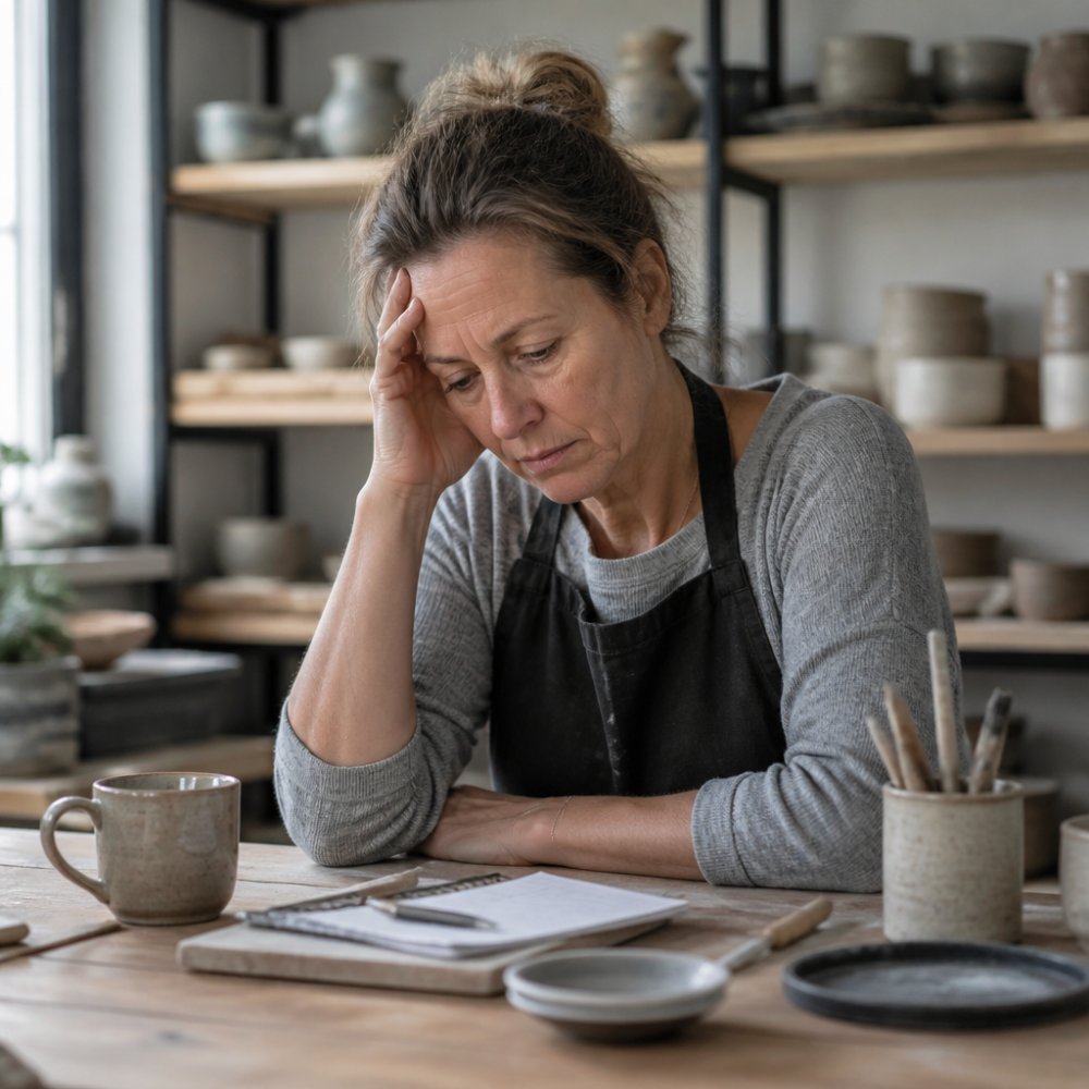 Professional woman in her 40s sitting at a modern desk, holding her head with one hand, looking tired and thoughtful, with a warm cup of tea on the desk beside her, natural office lighting