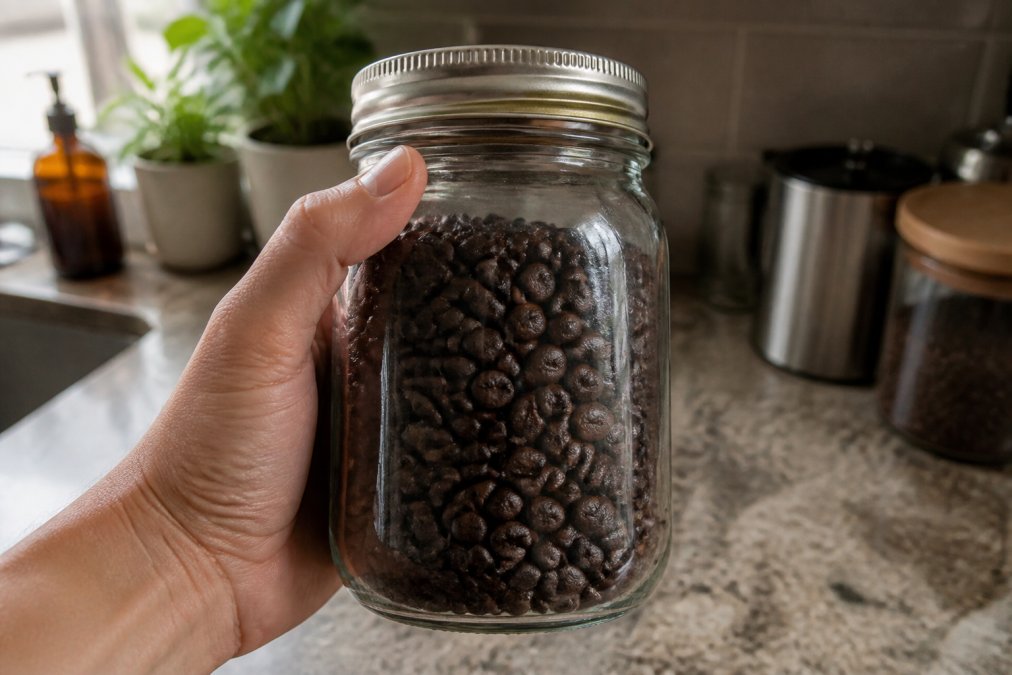 Close-up of a hand holding a clear glass jar filled with old, oily coffee beans against a kitchen counter background with soft window lighting