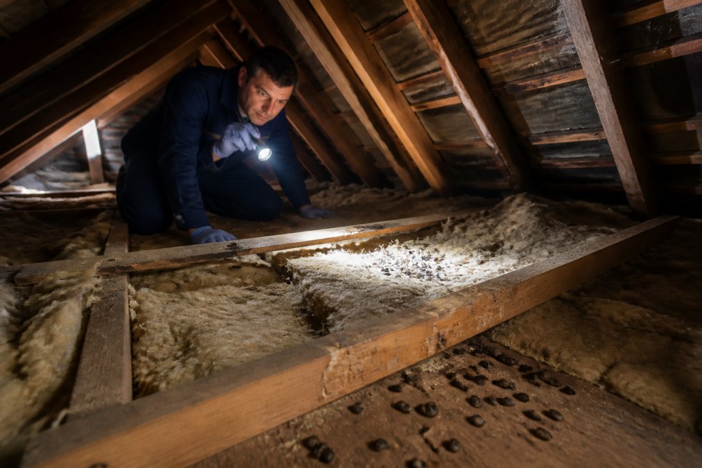 A homeowner in overalls shining a torch across loft insulation, revealing dark droppings and gnawed timber beams in the roof space