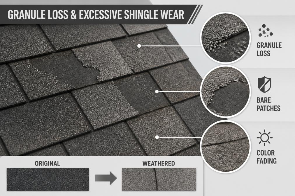 Close-up of asphalt shingle surface showing granule loss, bare patches of dark asphalt exposed, and visible color fading from original dark gray to lighter weathered tone, with rough worn texture