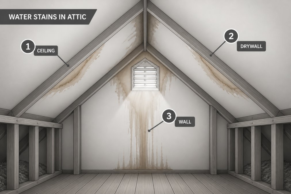 Interior attic space with visible brown and tan water stains on white drywall and wooden roof framing, showing moisture damage patterns along roof line, with soft natural light from attic vent