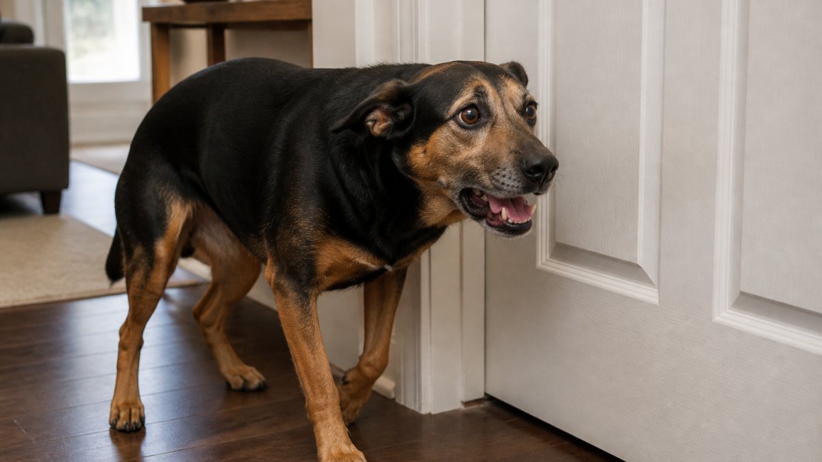 Anxious dog with wide eyes panting by a closed door, showing clear signs of distress and body tension