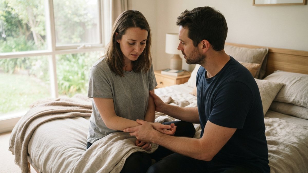 A partner gently holding a hand to provide grounding during somatic dissociation during sex in a bedroom setting.