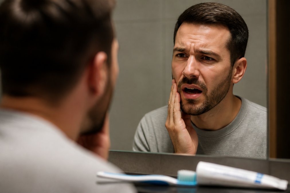 Close-up photograph of a person holding their jaw in discomfort while looking in a bathroom mirror, toothbrush and toothpaste softly blurred in the foreground, warm bathroom lighting