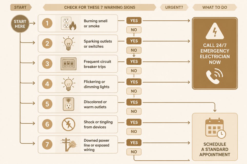 Flowchart helping homeowners decide when to call an emergency electrician versus scheduling a standard repair.