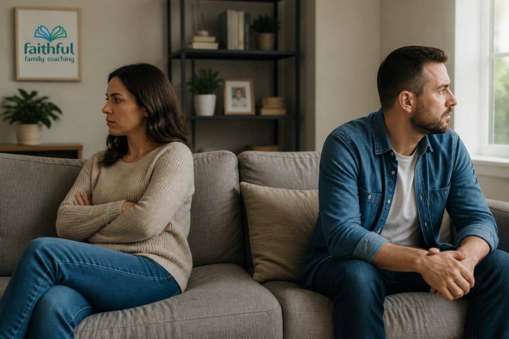 A couple sitting together on a couch in a living room, looking away from each other with physical distance between them, appearing disconnected and distant