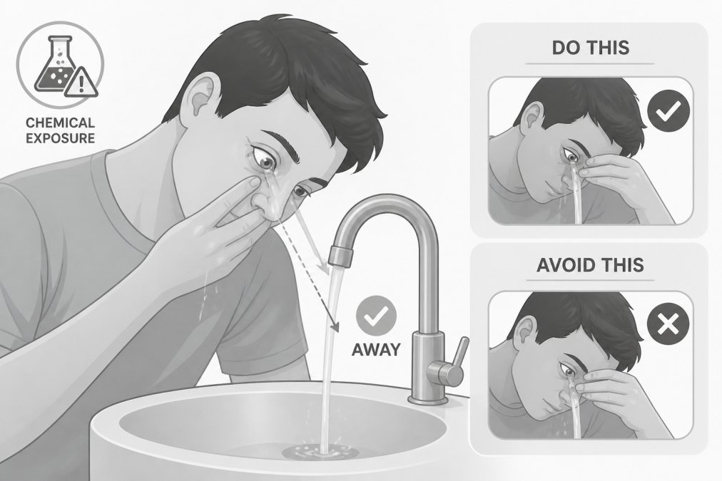 Person carefully rinsing their eye at a sink with a gentle stream of clean water after chemical exposure, demonstrating proper eye irrigation technique with head tilted to direct water flow away from the nose