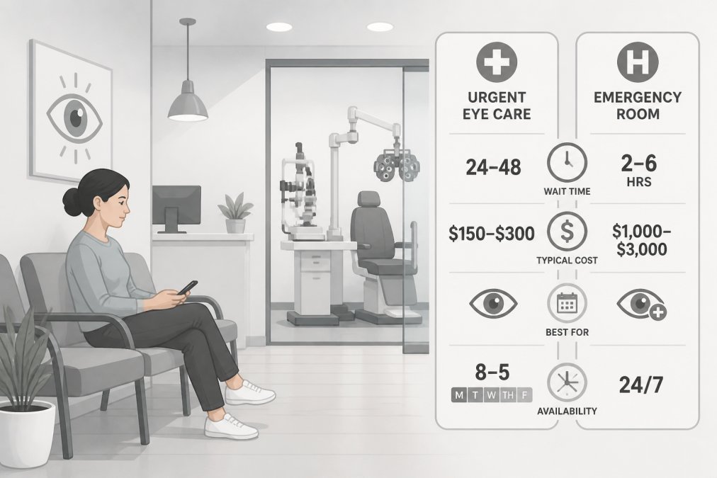 Patient sitting in a modern urgent care clinic waiting room with eye care examination equipment visible in the background, showing a calm, professional clinical environment with proper lighting