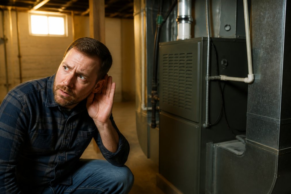 Homeowner with concerned expression listening to furnace unit in basement, furnace visible in background with warm lighting from basement window
