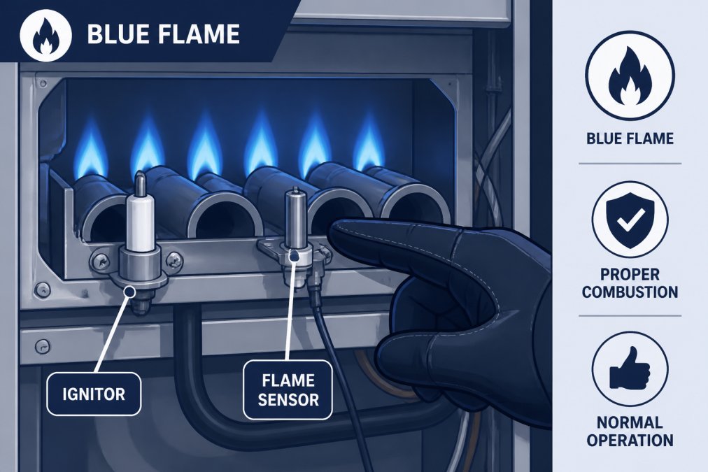 Close-up of furnace burner area showing bright blue flame from ignitor, with certified technician's gloved hand pointing to the flame sensor, professional lighting highlighting the combustion area