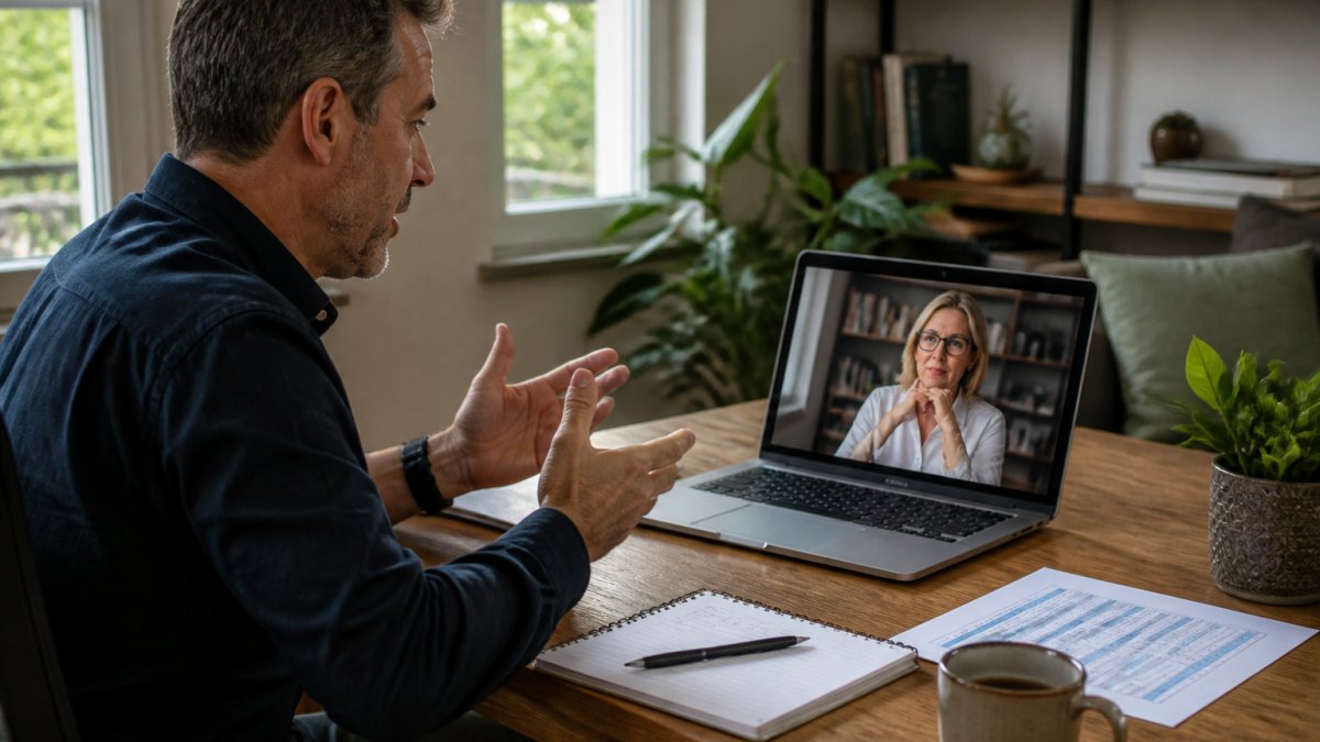Small business owner receiving on-demand expert advice via video call at a home office desk