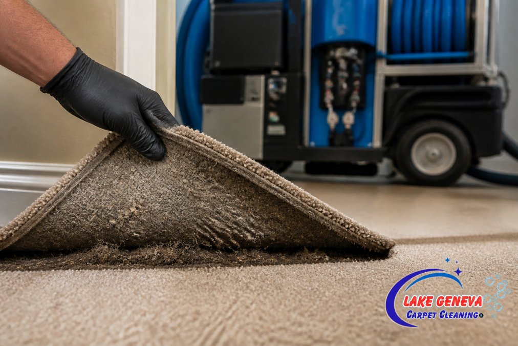 Close-up of a technician's gloved hand lifting a carpet corner to reveal the deep layer of dust and debris trapped beneath the surface, with truck-mounted cleaning equipment blurred in the background