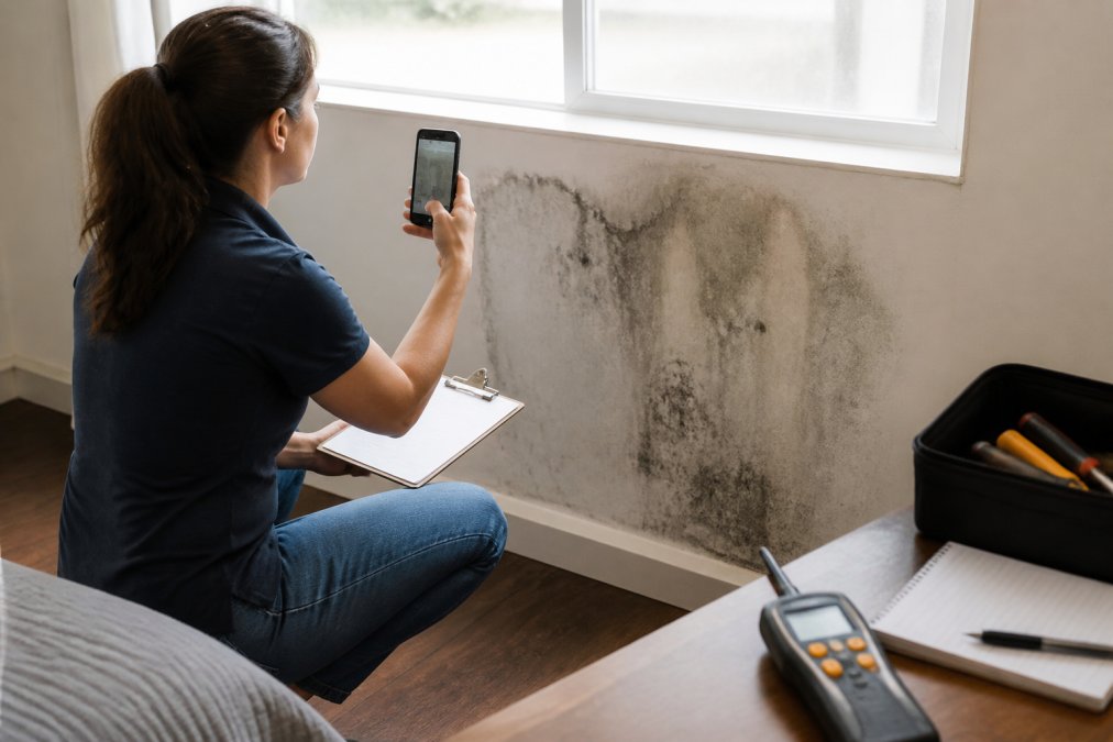 Infographic showing the process of documenting mold and moisture levels for professional mold testing claims