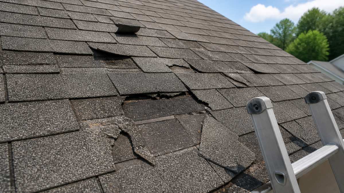 Close-up photo of a residential asphalt shingle roof showing several curled, cracked, and missing shingles with exposed underlayment, taken on a clear day from a ladder angle
