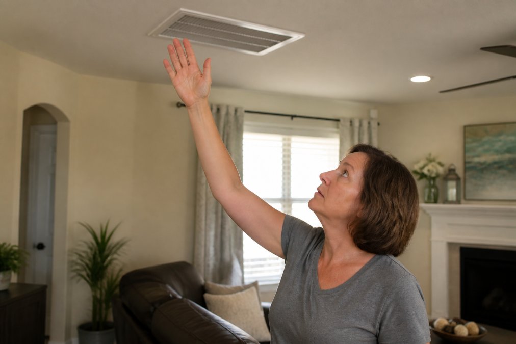 Homeowner in a bright living room holding a hand near a ceiling vent, feeling warm air while a wall thermostat reads 78 degrees