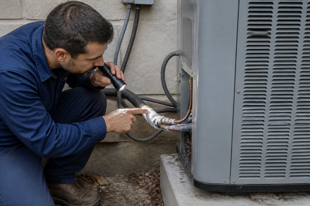 A homeowner kneeling beside an outdoor AC condenser unit, pointing at frost buildup on the copper refrigerant line while a flashlight illuminates the connection point