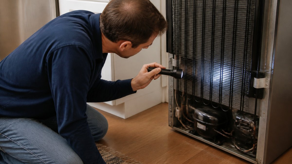 Homeowner using a flashlight to inspect refrigerator coils before calling an appliance repair service