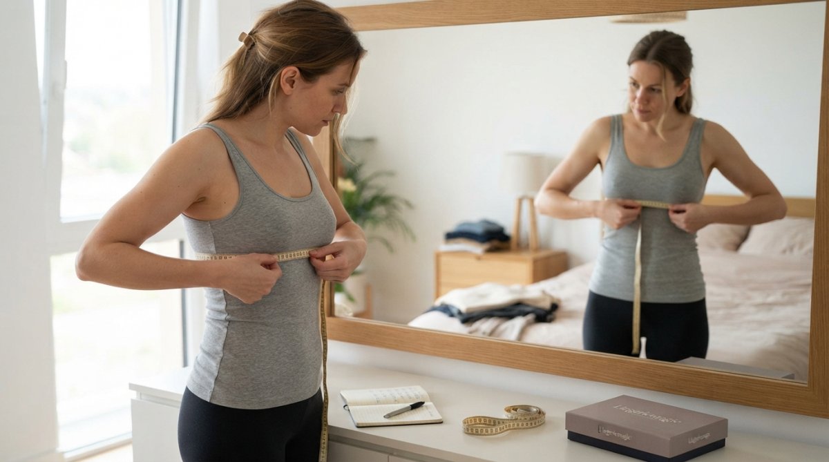 Woman measuring her underbust with a tape measure to identify if 7 signs your bra does not fit properly are present.