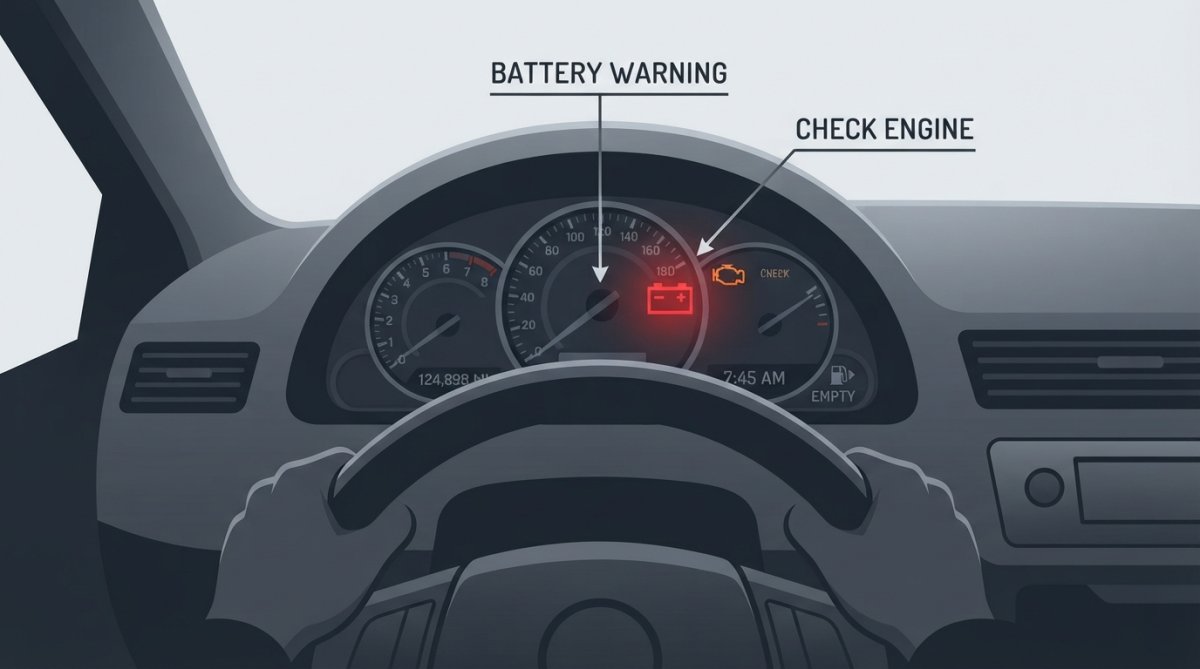 Professional illustration showing 7 signs your car battery is failing