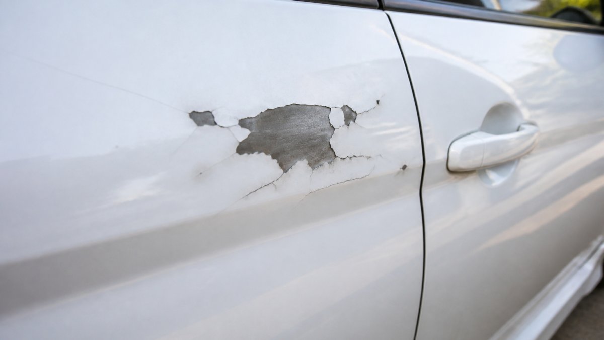 Close-up of a car door panel showing cracked and chipped white paint with exposed bare metal underneath, demonstrating paint damage on a vehicle surface