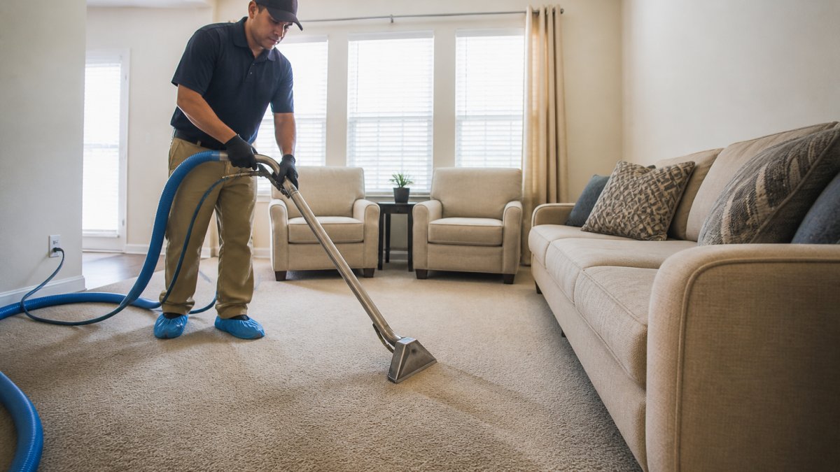 Professional carpet cleaner using truck-mounted extraction equipment on residential carpet with hose and wand visible in bright residential living room