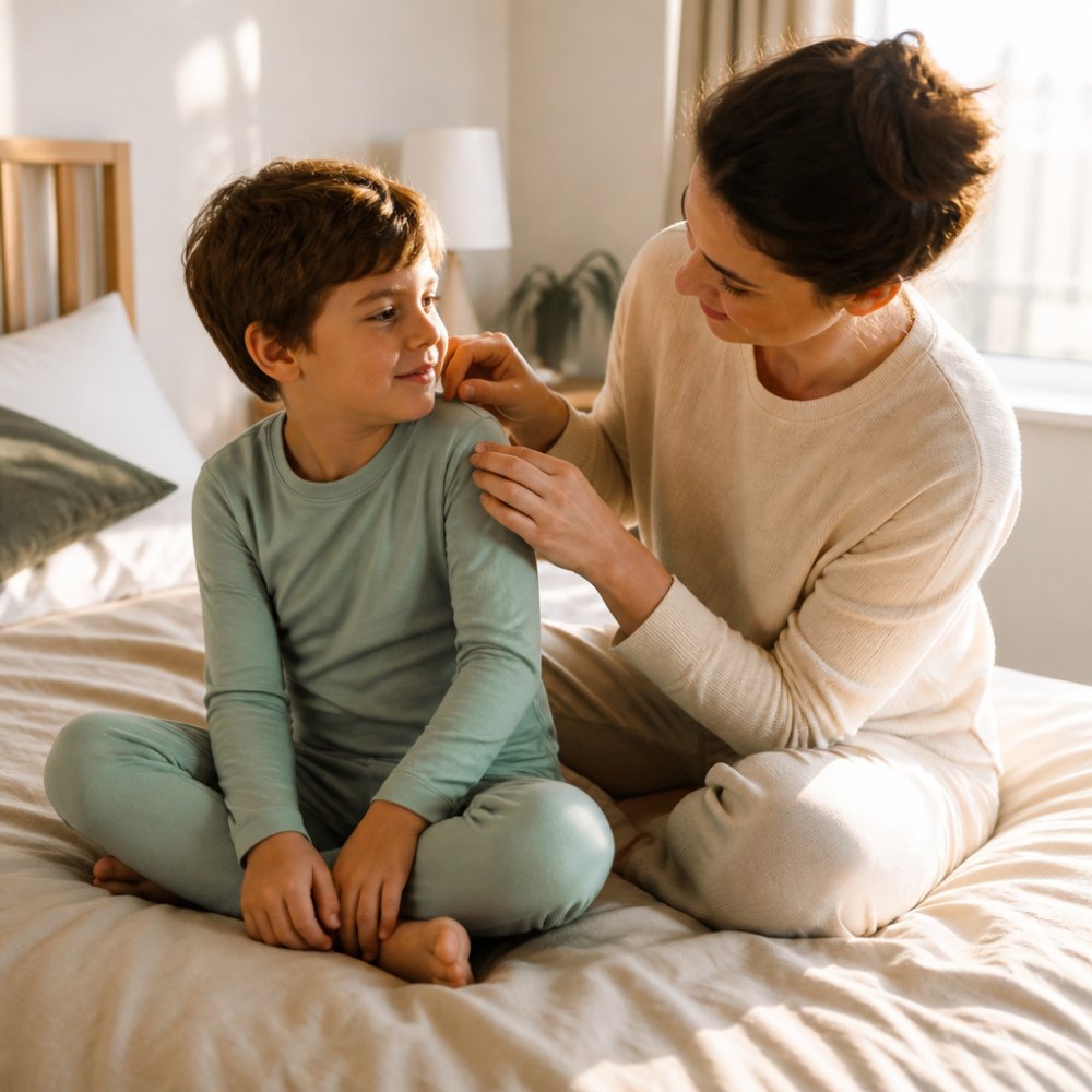 Parent gently smoothing soft bamboo pajamas on a child sitting on a bed in a sunlit bedroom