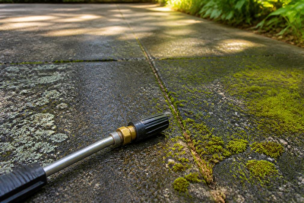 Green moss and black algae in driveway cracks, showing clear signs your driveway needs professional cleaning.