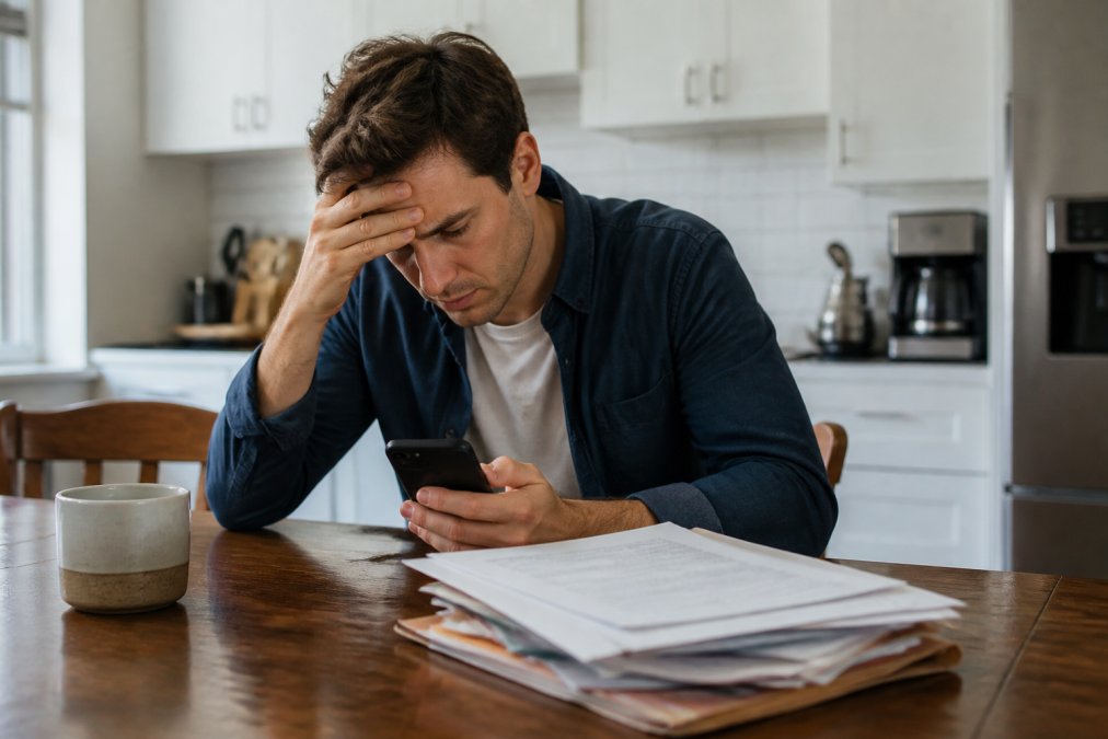 A frustrated person sitting at a kitchen table, looking at a smartphone with no new messages, with a stack of legal papers and a coffee mug nearby