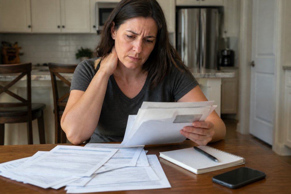 A person sitting at a kitchen table reviewing a stack of medical bills and an insurance letter, looking concerned, with a phone and notepad nearby