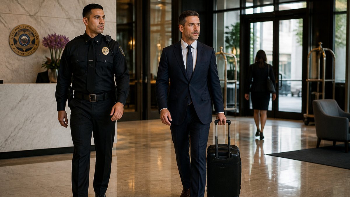 Uniformed security professional providing executive protection to a business traveler in a hotel lobby