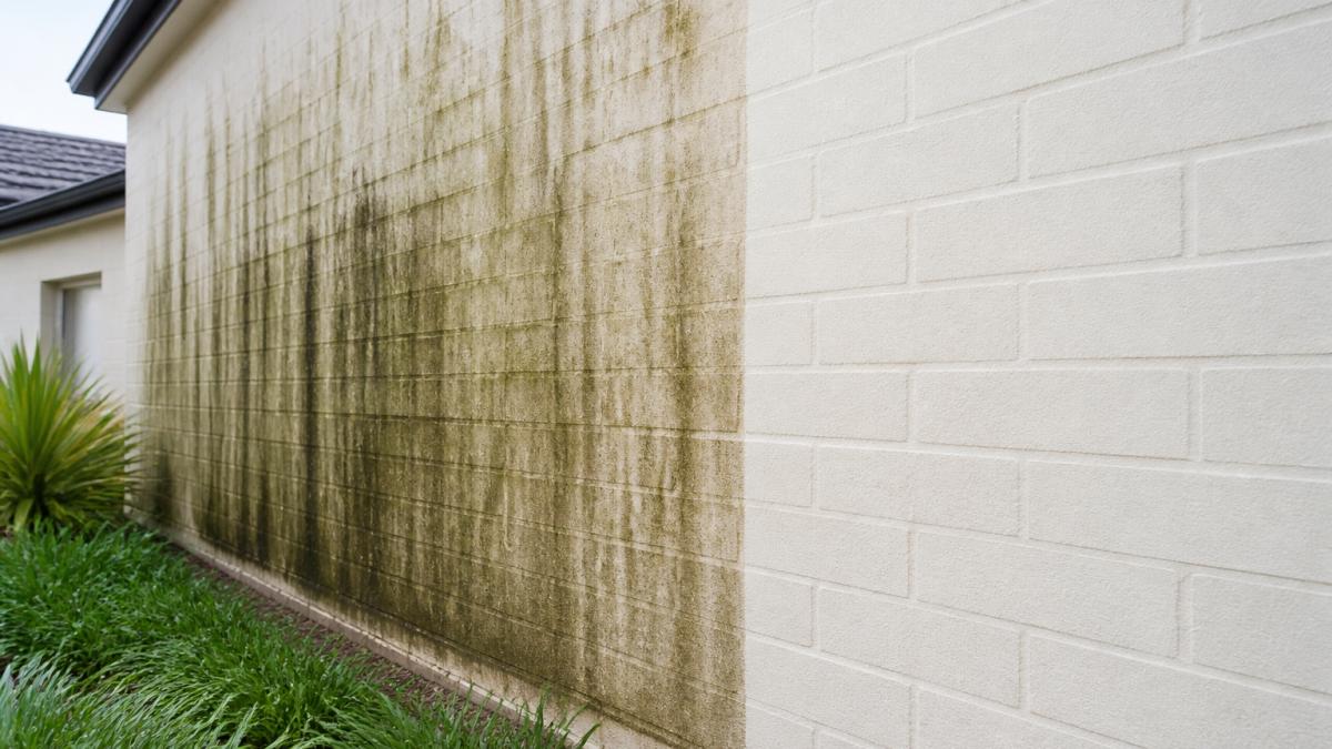 Close-up photograph of a rendered brick house wall showing dark green algae streaks running down the surface beside a clean section, with a garden bed visible at the base