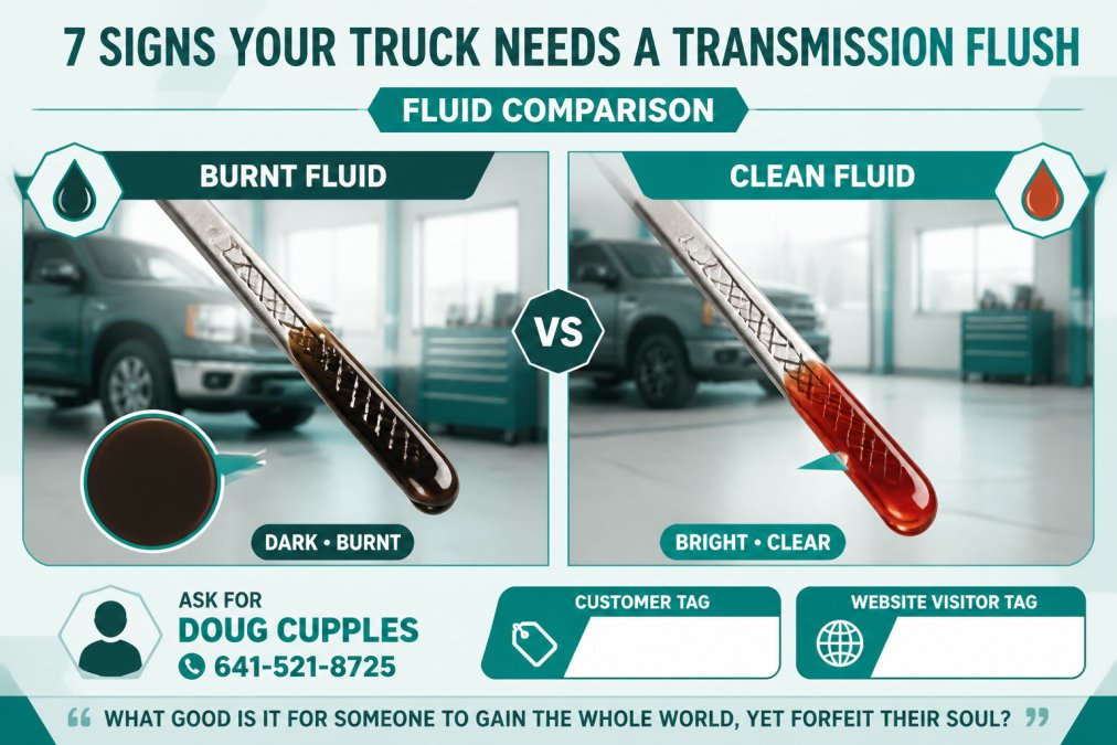 Close-up of a truck transmission dipstick showing dark, burnt-colored fluid with visible discoloration compared to clean reddish fluid beside it in a garage setting with natural light