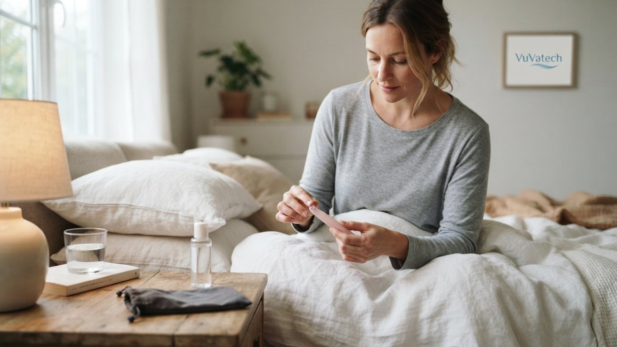 Woman sitting in a calm bedroom with a lubricant bottle and dilator pouch on her nightstand